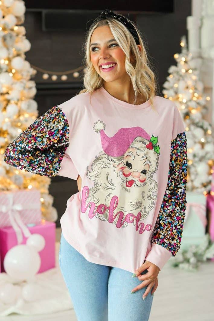 Pink Sequin Sleeve Santa Clause